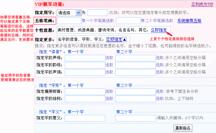 利用高级功能选项将起名意愿具体化